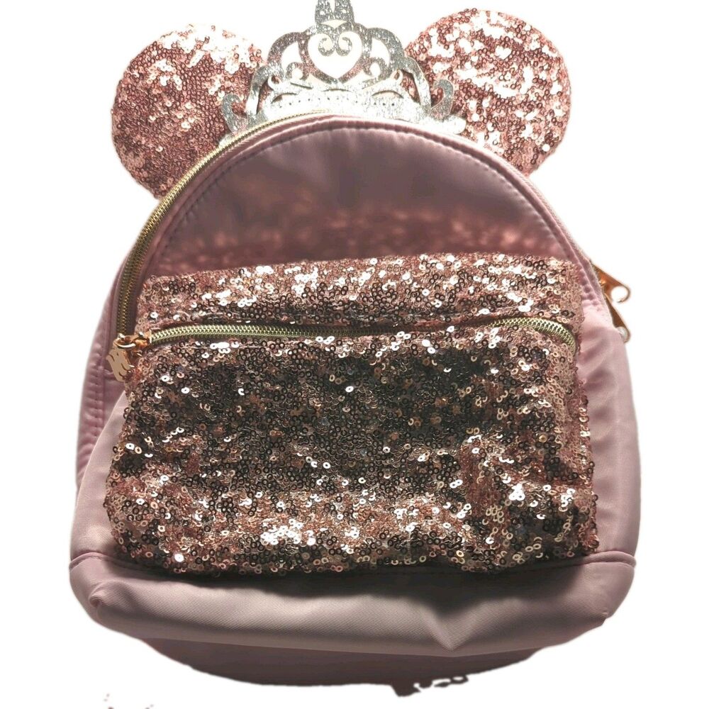Minnie Mouse Pink Sequin Ears Tiara Mini Backpack Zip Adjustable Strap Pockets